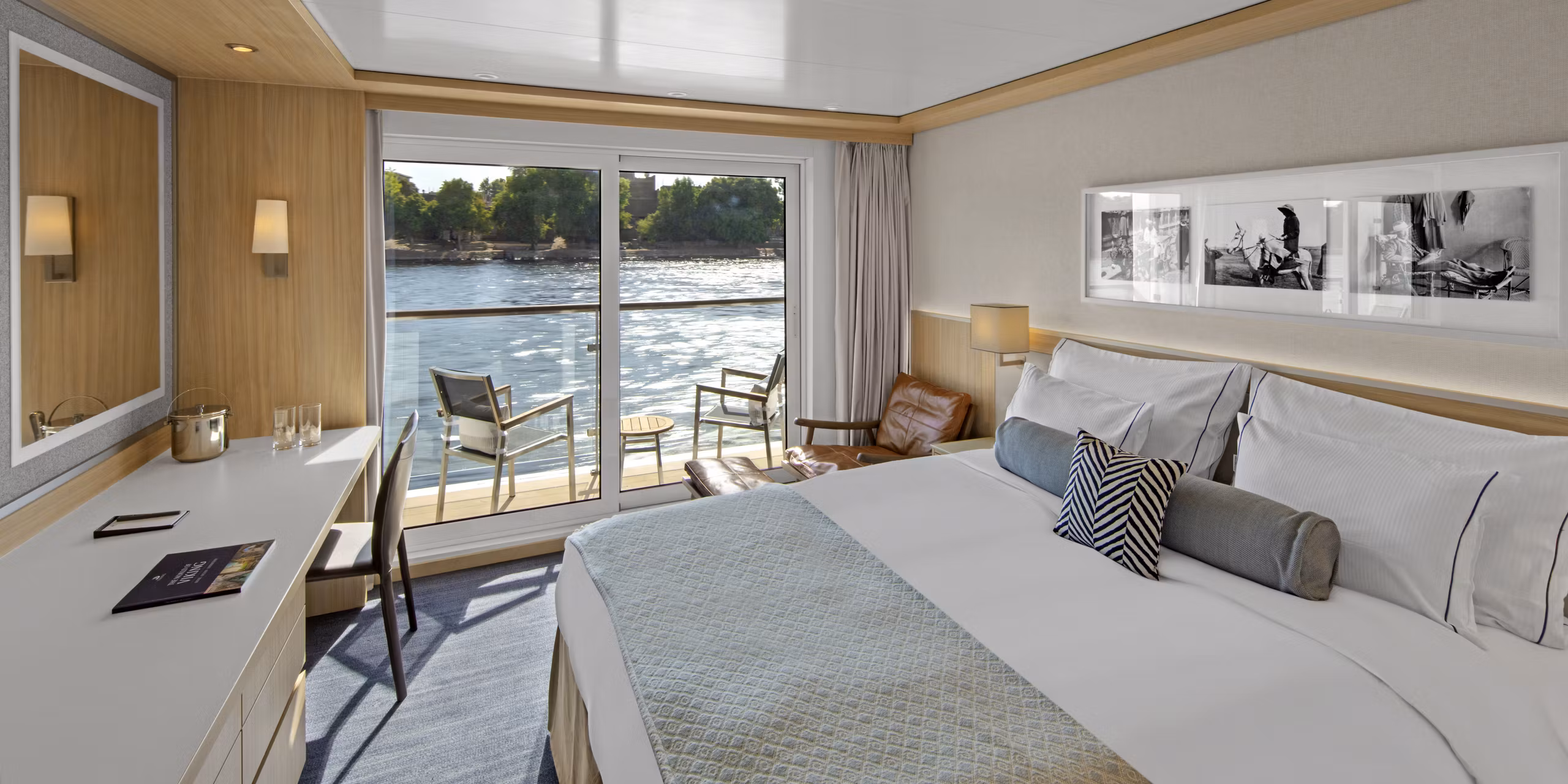 A Veranda Stateroom aboard a Viking Egypt ship