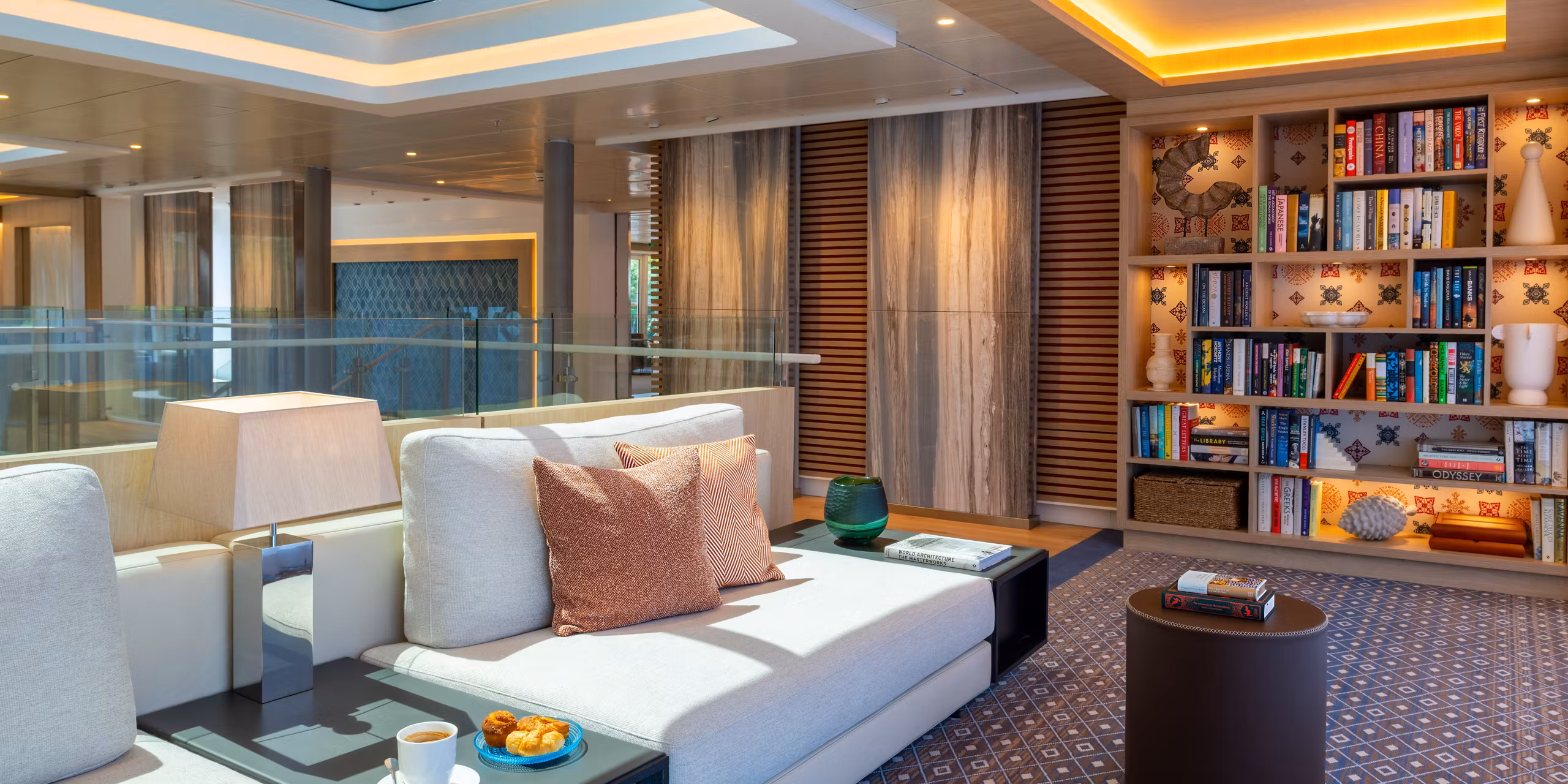 The atrium and lounge aboard a Viking Egypt ship