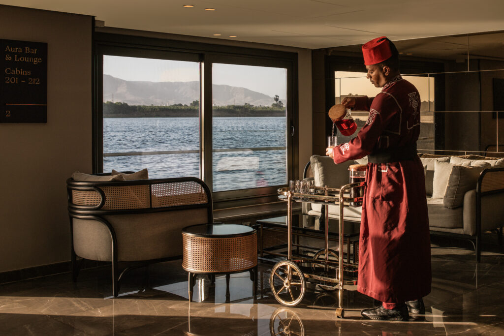 Lobby lounge aboard a modern five-star Nile cruise ship