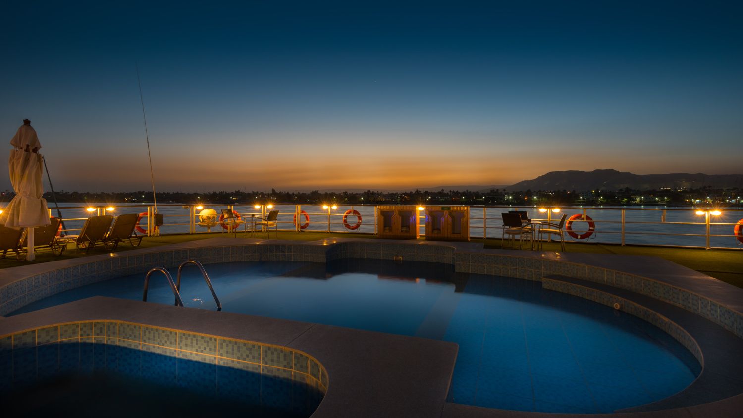 Sun deck and pool aboard a five-star Nile cruiser